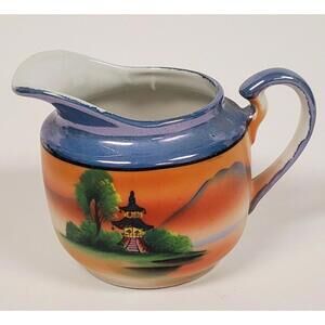 Vintage Chikaramachi Japan Hand Painted Lusterware Creamer Pitcher Pagoda Sunset